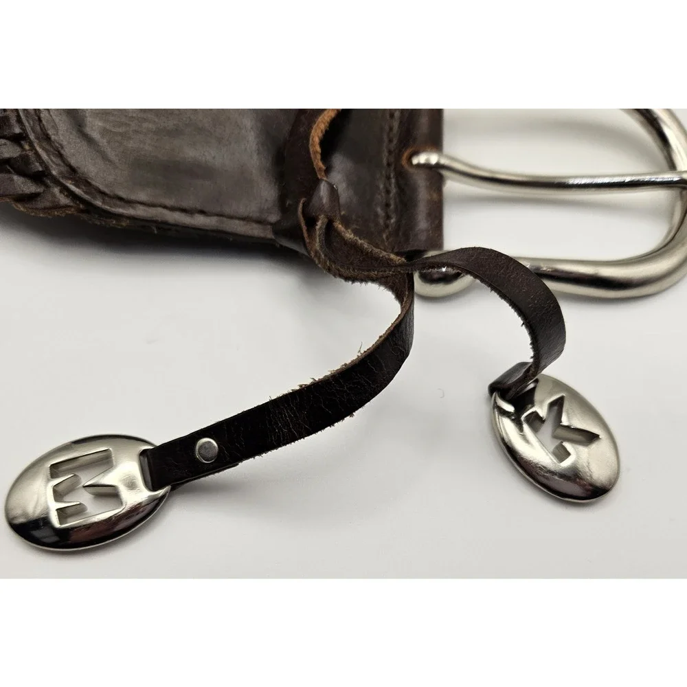 Michael Kors Braided Woven Leather Brown Belt Silver Buckle Large Western Boho